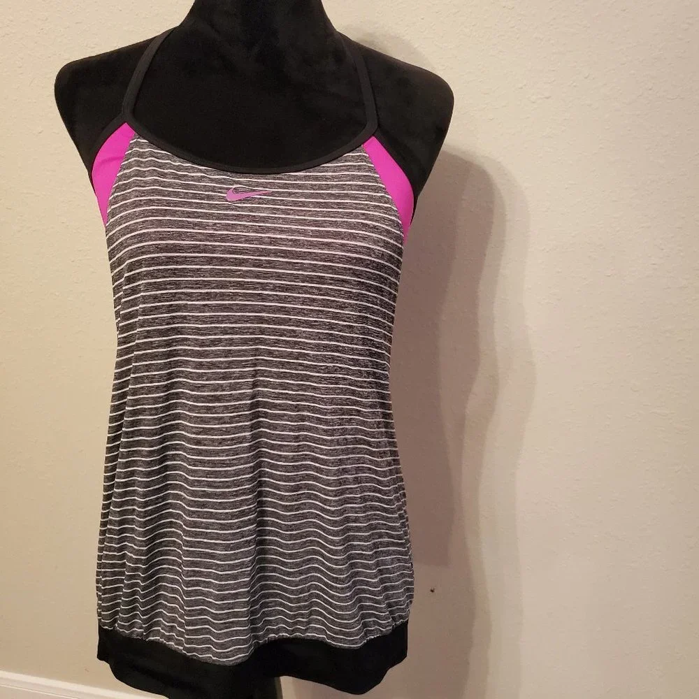 Nike black stripped tank top drape swimsuit top pullover round neck, size large